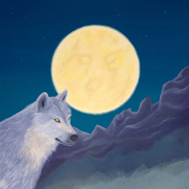 Wolf Moon Painting Full Moon Lone Wolf and Mountains